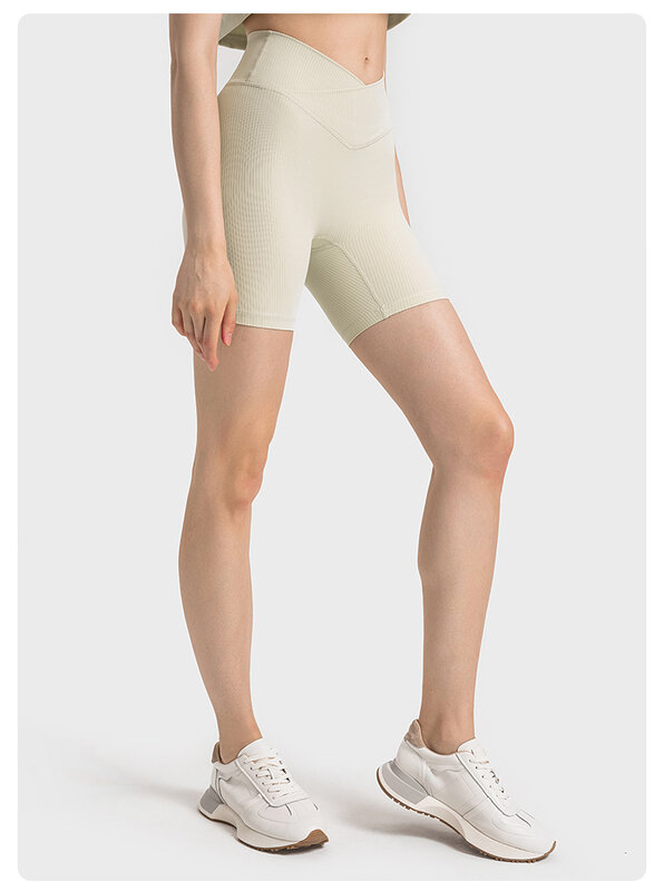 Pantalones cortos deportivos con realce para mujer, Shorts elásticos de cintura alta con Cruz en V para gimnasio