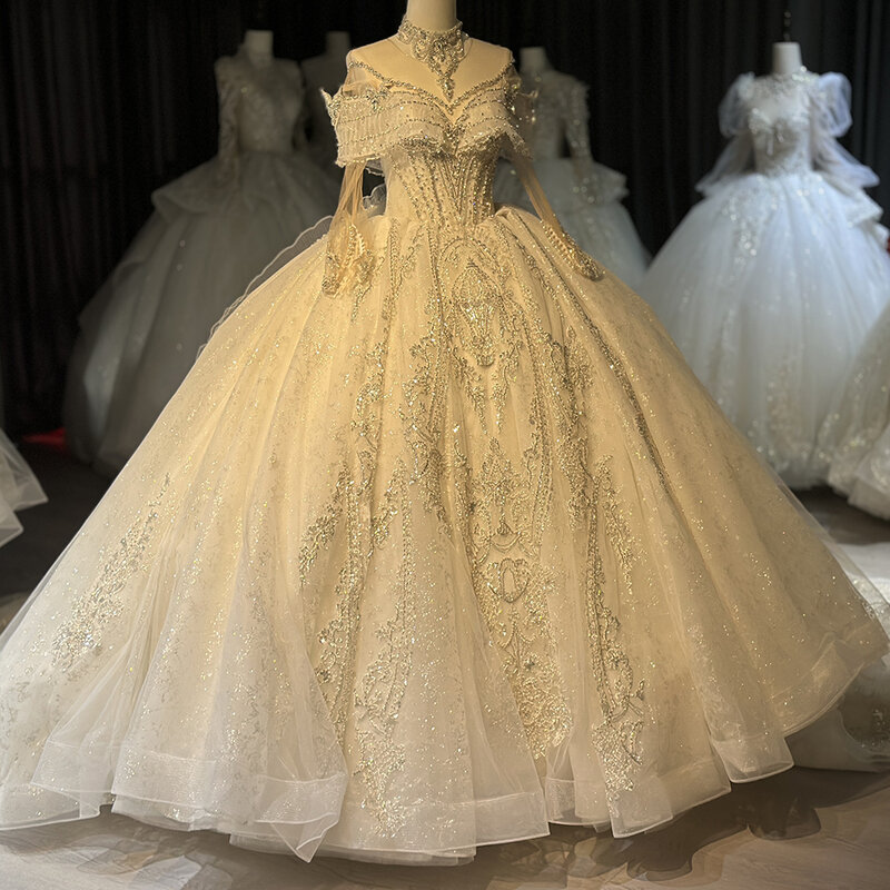 Międzynarodowa sprzedaż błyskawiczna suknie ślubne dla kobiet 2024 suknia balowa dla panny młodej z organzy pełne rękawy koraliki Vestido De Novia XS026