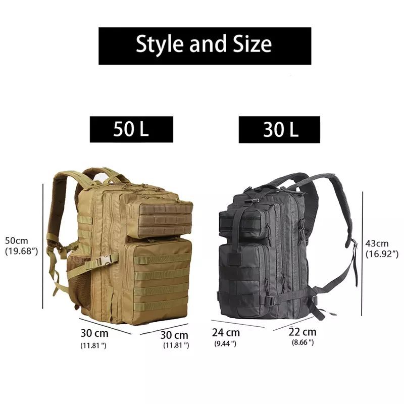 Lawaia-mochila táctica con portabotellas, bolsa para acampar, senderismo, pesca y caza, 30L/50L