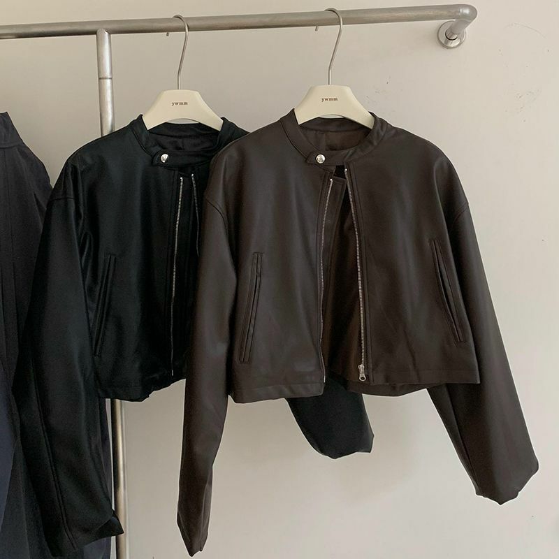 Jaqueta de couro preta feminina, top curto, coreano, elegante, retro, motocicleta, início do outono, novo