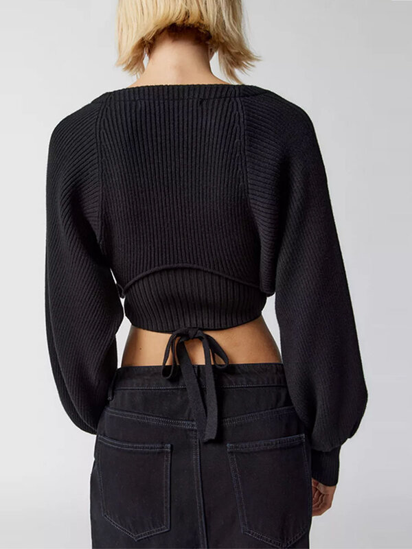 Wanita bahu depan terbuka Bolero-Up lengan panjang pullover Crop warna Solid kardigan rajutan Sweater mantel pakaian luar
