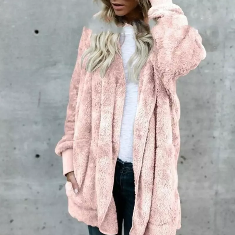 Mantel musim dingin wanita, kardigan bulu jaket sisi panjang memakai bulu imitasi mantel Teddy musim gugur musim dingin mantel termal