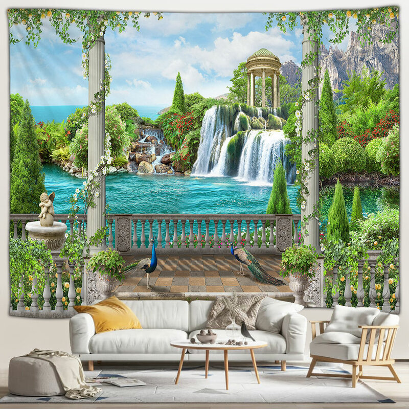 야외 정원 조경 포스터 태피스트리 빈티지 지중해 거리 풍경 폴리에스터 원단 목욕 커튼 욕실 장식, 후크 포함