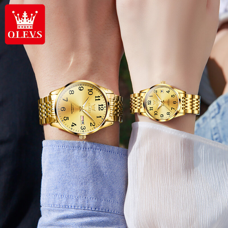OLEVS-Relógio mecânico de aço inoxidável impermeável para homens e mulheres, relógio automático emparelhado, par semana data, marca superior, luxo, novo