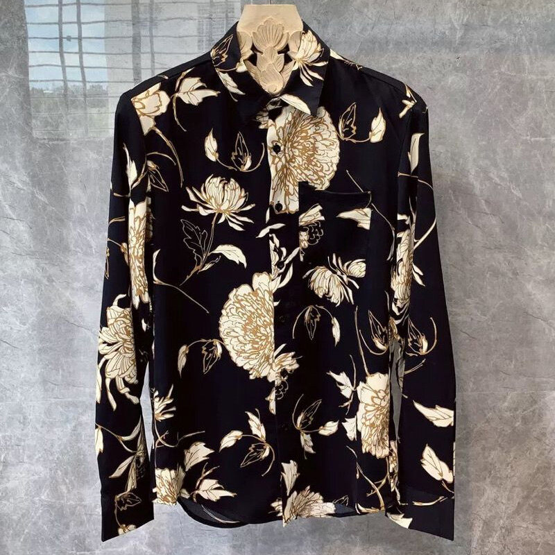 Camisa de manga larga con cuello tipo POLO para hombre, cárdigan informal holgado con botones, estampado de personalidad, moda de primavera y otoño, novedad