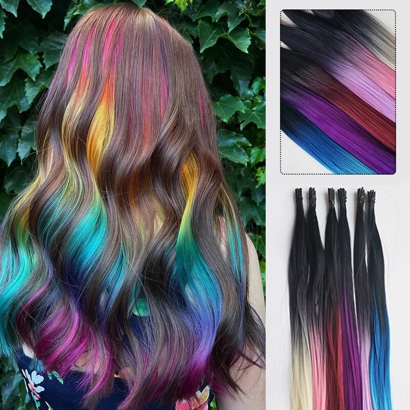 I-Tip Long Straight Hairpieces Rainbow Color Hair Extensions Synthetic Highlight Feather Micro Ring Hair Accessories Ombre Color