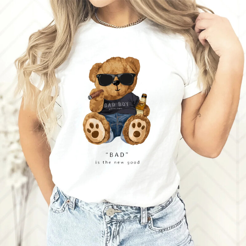 Nieuw Paar Teddybeer Print T-Shirt Europa En De Verenigde Staten Mode Ronde Hals Top Vrouw Tops Oversized T-Shirt Harajuku