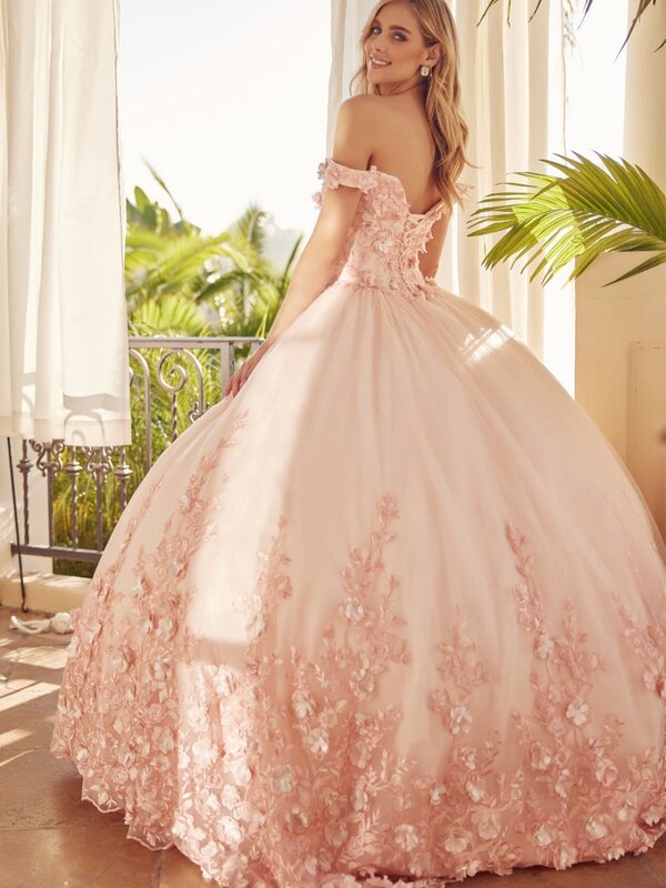 Vestidos de baile Quincearrra, Apliques encantadores, Flor 3D, Elegante sem o ombro princesa, rosa longo, vestido doce 16