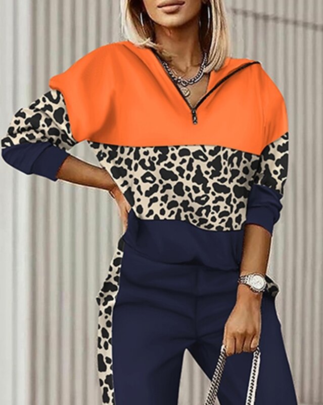 Pants Set 2023 New Hot Selling Fashion Casual Leopard Pattern Panel Hooded Sweatshirt and Flipped Sweatpants Set