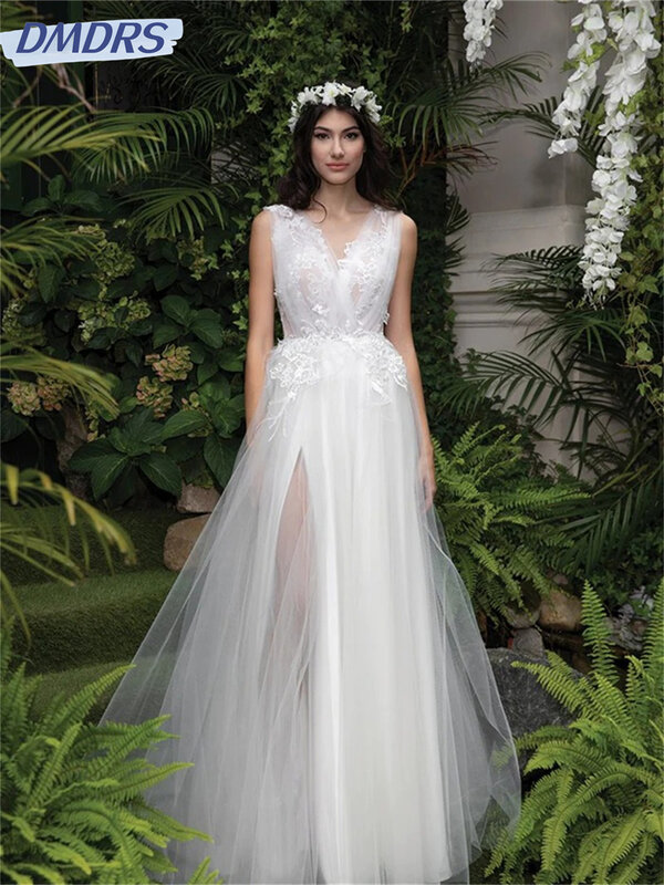 Klassisches Tüll kleid 2024 charmante ärmellose A-Linie Abendkleider elegante tiefe boden lange Kleider mit V-Ausschnitt vestidos de novia