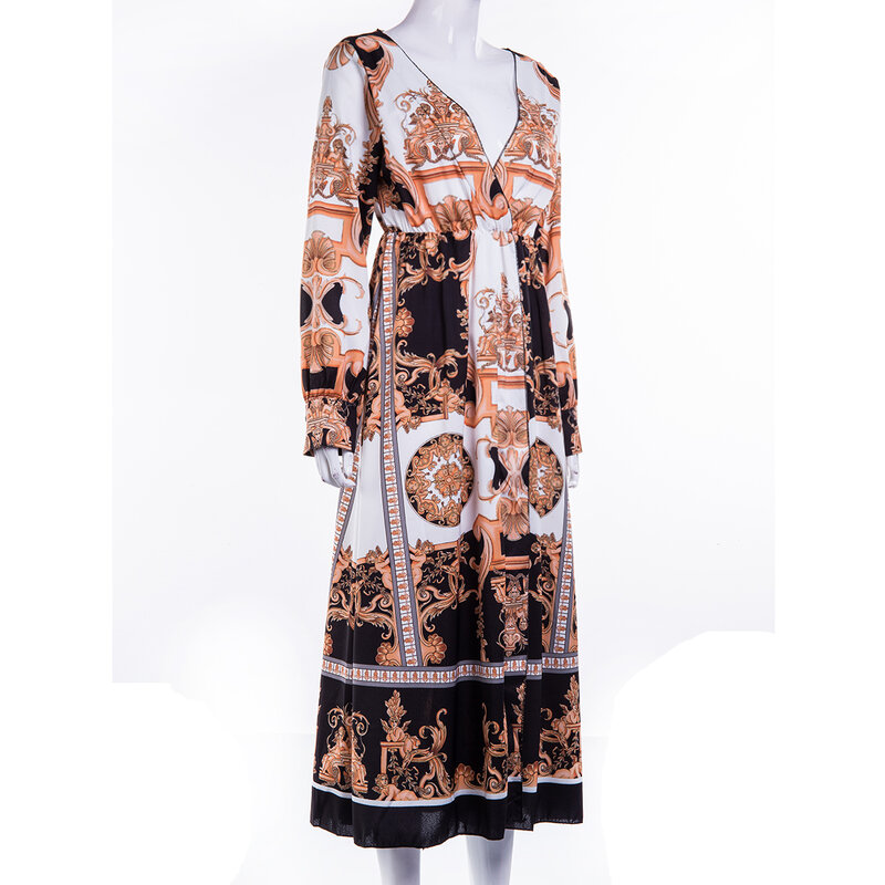 Женское винтажное платье в стиле бохо, длинное Привлекательное платье с цветочным принтом и V-образным вырезом, Длинные Макси-платья