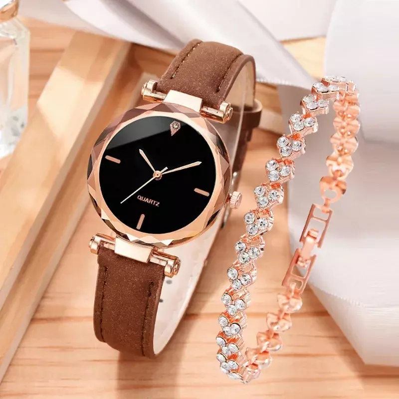 Ensemble de montre-bracelet en cuir PU pour femme, montre-bracelet à quartz pour femme, bracelet en alliage d'or rose avec biscuits, cadeau de mode de luxe, 2 pièces