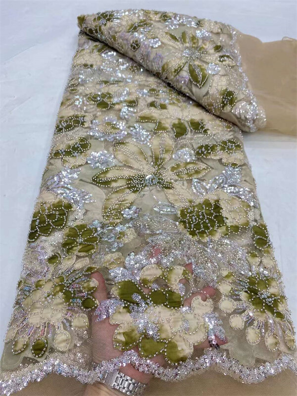 2024 hochwertige Schönheit afrikanischen nigerian ischen Tüll Spitzens toff mit Pailletten handgemachte Perlen Spitze Stoff Ballkleider Perlen 5 Meter