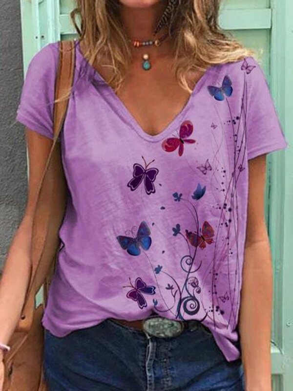 Camiseta de algodón con estampado de mariposa para mujer, camisa de manga corta holgada que combina con todo, moda de verano, 2023