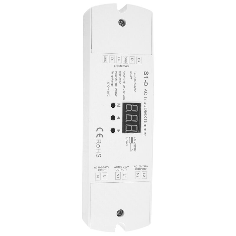 AC100V - 240V 288W 2CH Triac DMX LED Dimmer, uscita a doppio canale Silicon DMX512 Led Controller Display digitale S1-D bianco