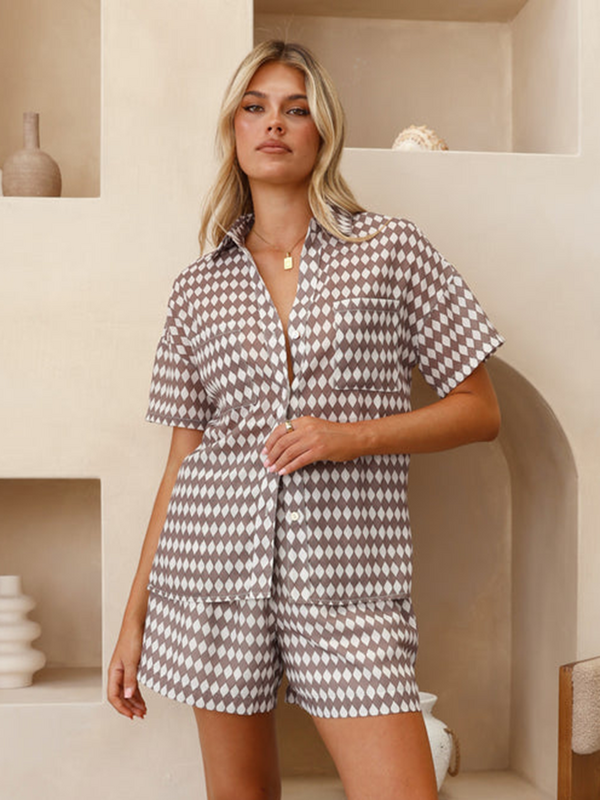 Marthaqiqi-Terno de camisolas estampadas femininas, pijamas de manga curta, gola virada para baixo, pijamas, shorts, pijamas casuais, conjuntos de 2 peças