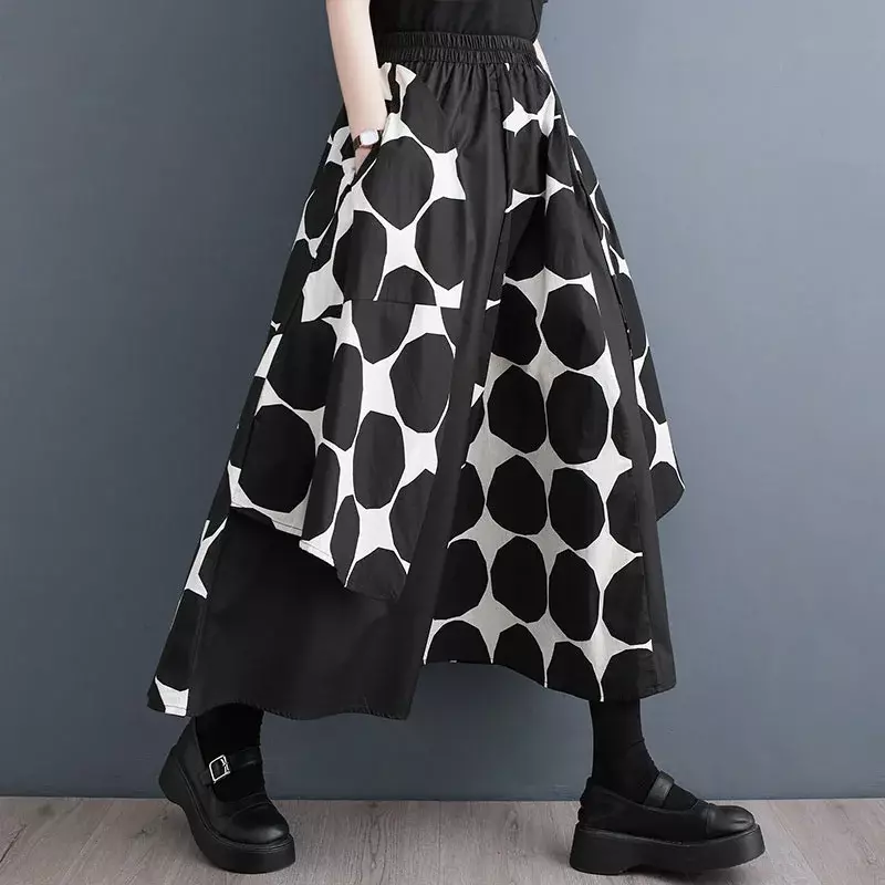 Schwarze Polka Dot Print A-Linie Röcke Frauen asymmetrische Vintage hoch taillierte Röcke weibliche Gothic lose Midi Röcke Taschen