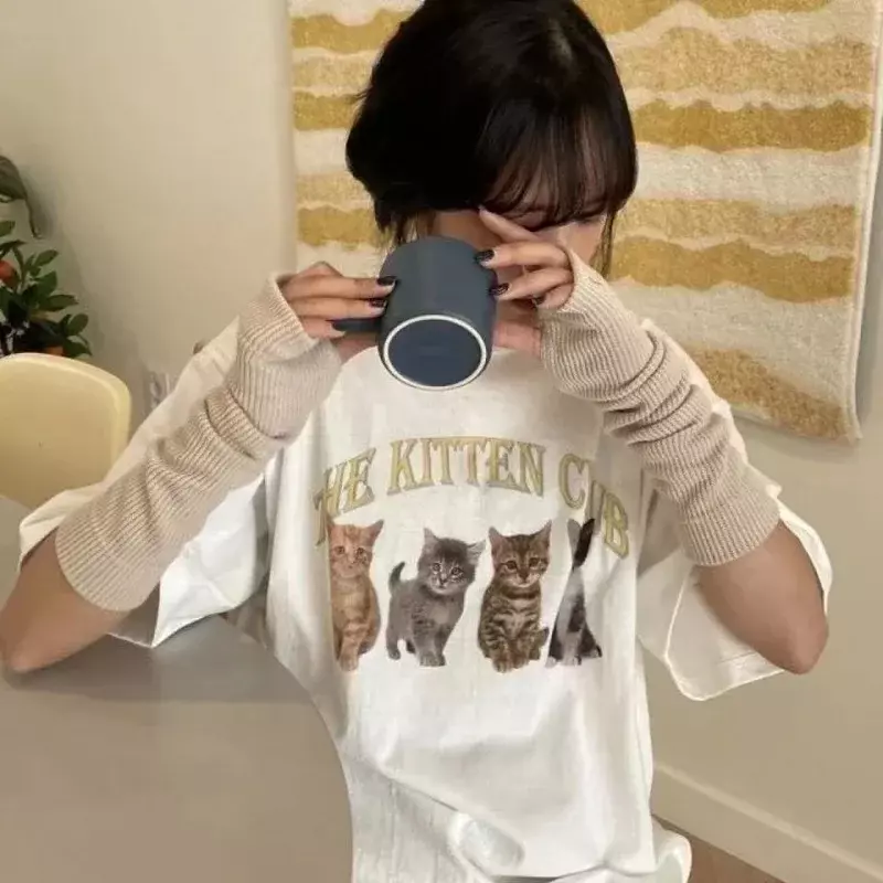 Kawaii Women T Shirt Oversized The Kitten Club Streetwear White Short Sleeve Femme T Shirt Korean Cute Grunge Tops Y2k Tee