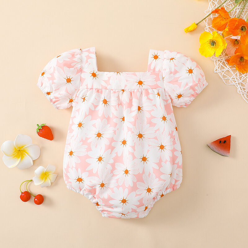 VISgogo Newborn Baby Girls Rompers Cute Summer Clothes Floral Print Bow Short Puff Sleeve Square Neck Jumpsuit 0-18M