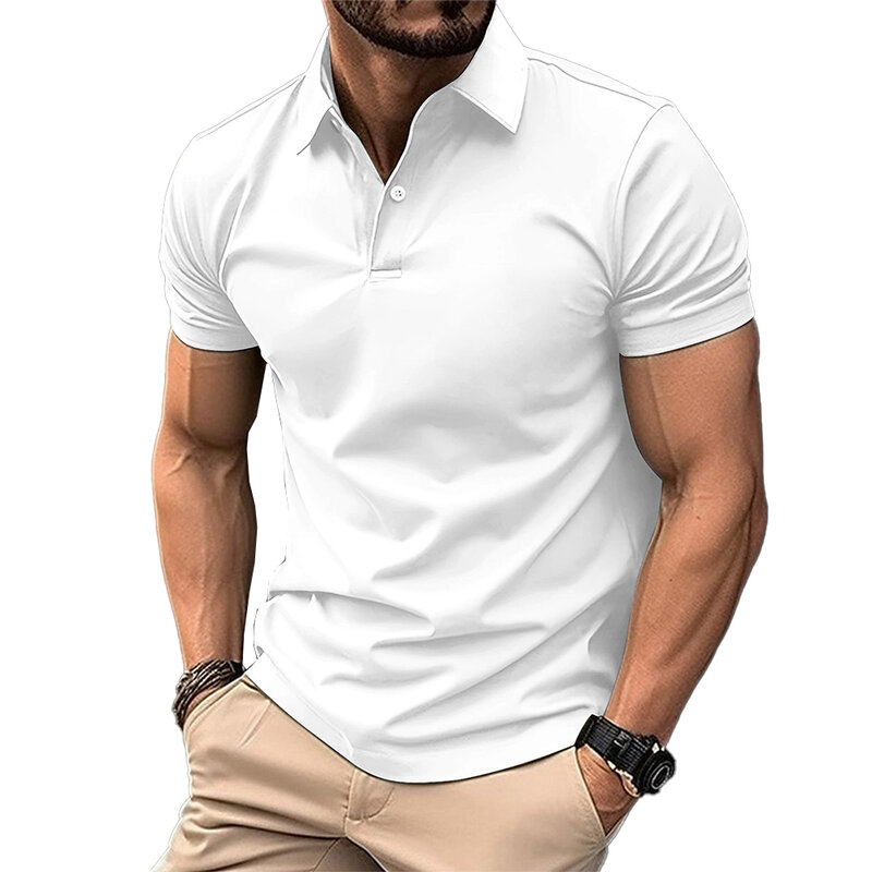 Повседневная офисная Мужская блузка Fashoin, спортивная летняя футболка, футболки, дышащие топы с пуговицами и коротким рукавом