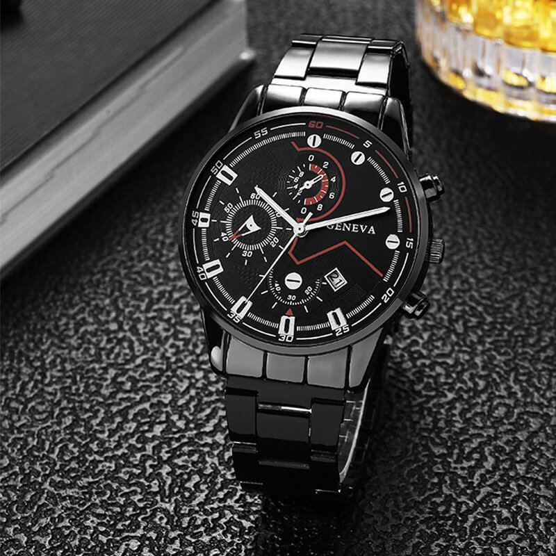 3Pc Set Mode Heren Zakelijke Kalender Horloges Mannen Casual Zwarte Armband Ketting Rvs Quartz Horloge Logio Masculino
