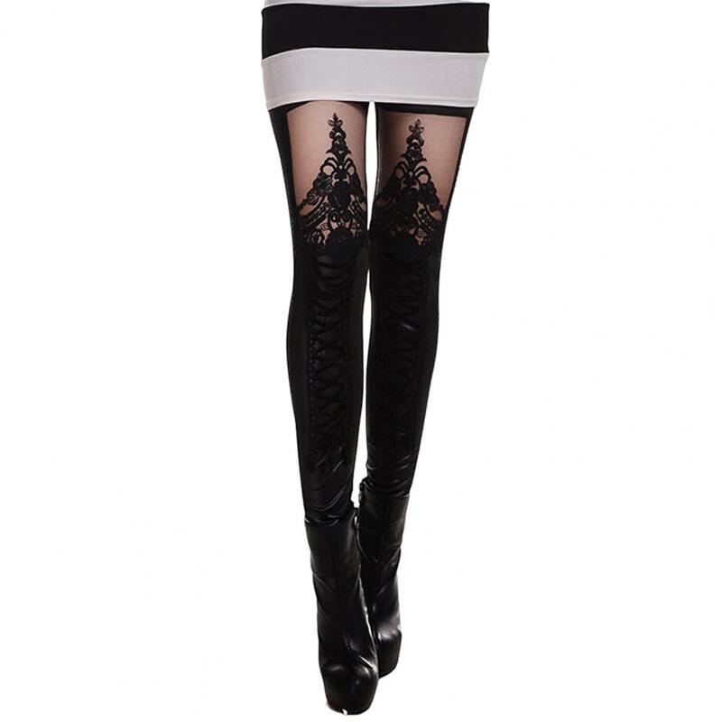 Mid-Rise Elastic Waistband Embroidery Lace Stitching Cross Bandage Faux Leather Pants Sexy High Elasticity Skinny Long Leggings