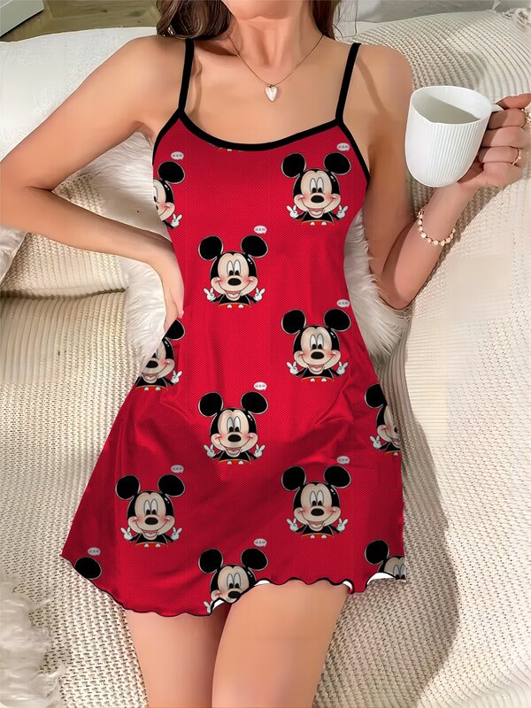 Vestido Sexy de moda para verano 2024, falda de pijama con adornos de Mickey y lechuga, superficie de satén, Minnie Mouse, elegante y elegante de Disney