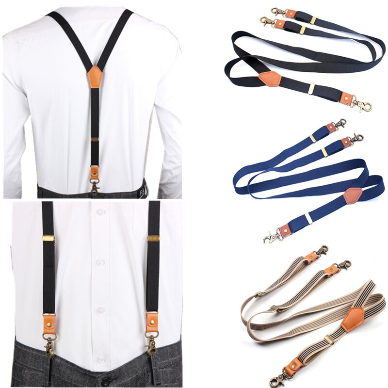 Vintage Brown Striped Bronze 3 Hook Suspenders PU Leather Link Premium Buckle Flexible Men And Women Braces