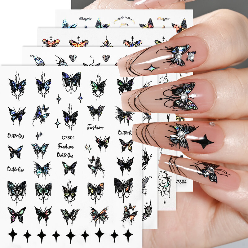 4 Sheet Laser White Black Butterfly 3D Nails Sticker Hollow Butterfly Pattern Adhesive Slider Y2K-Style Art Decals DIY Manicure*