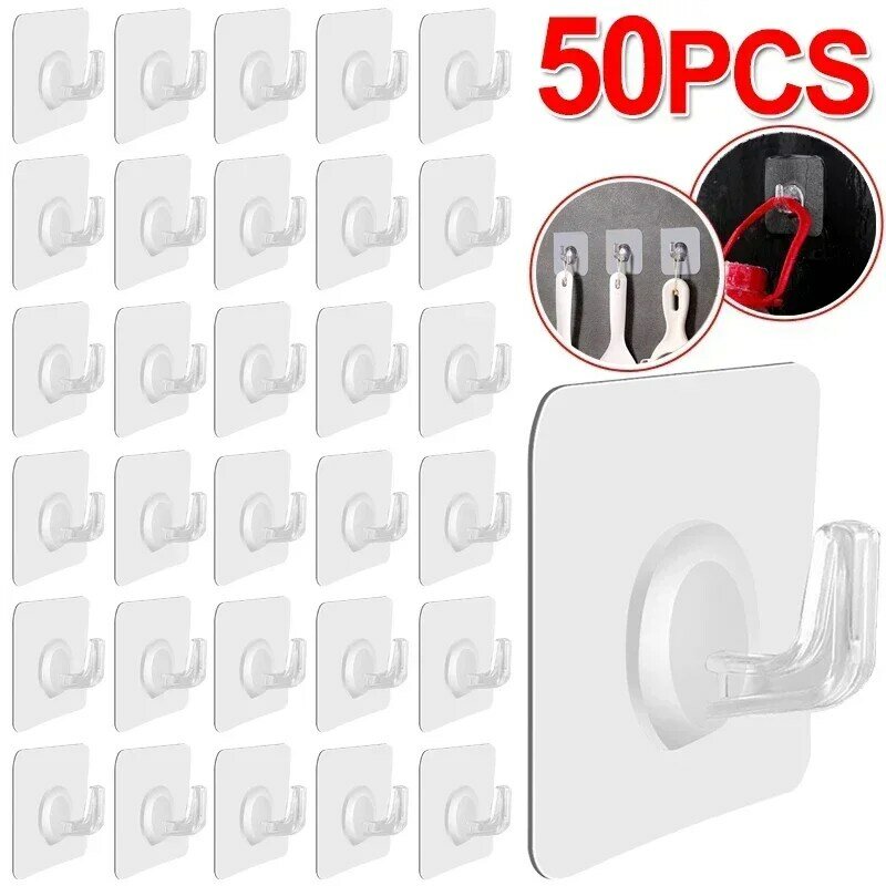 5-50pcs Transparent Self Adhesive Hooks Door Wall Mounted Hanger Hook Suction Heavy Load Rack Kitchen Bathroom Organizer Holder