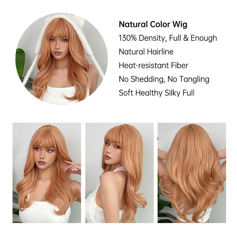 Easyhair Wig sintetis oranye muda Wig rambut alami Ombre bergelombang panjang dengan poni untuk wanita Wig Cosplay Lolita tahan panas