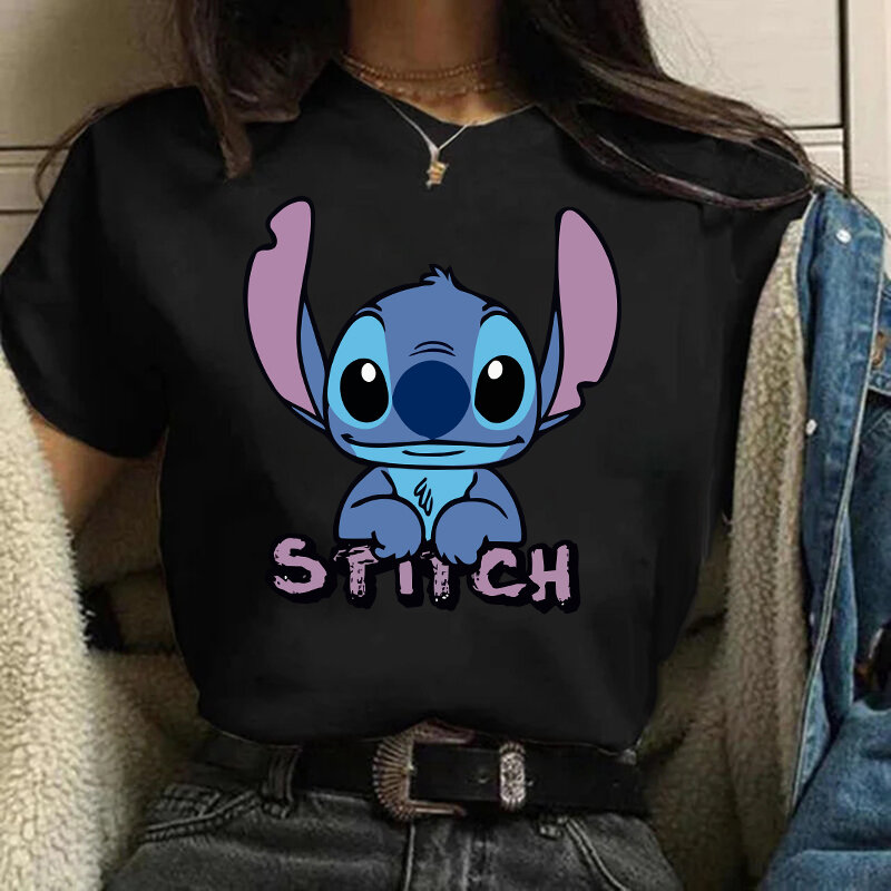 Disney-Desenhos animados engraçados femininos Lilo e Stitch camiseta gráfica, top gótico, camiseta de hip hop, roupas femininas, camiseta
