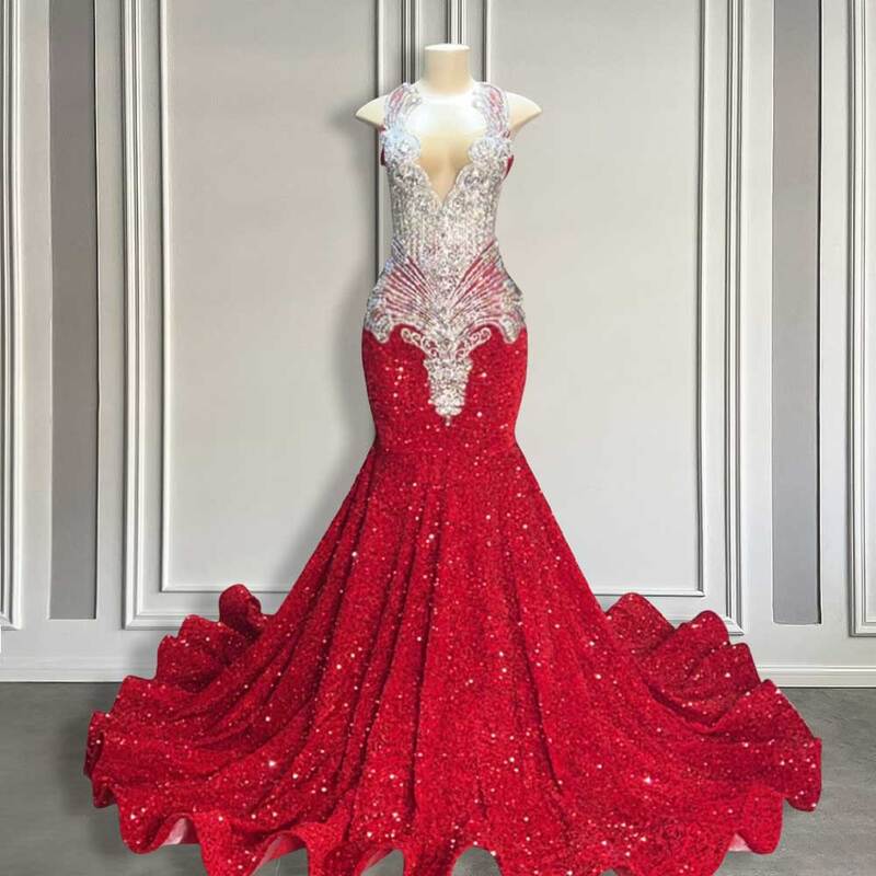 Vestidos de baile vermelho brilhante sereia lantejoulas, cristal prateado, frisado, pescoço puro, vestidos longos para meninas negras, luxo, 2024
