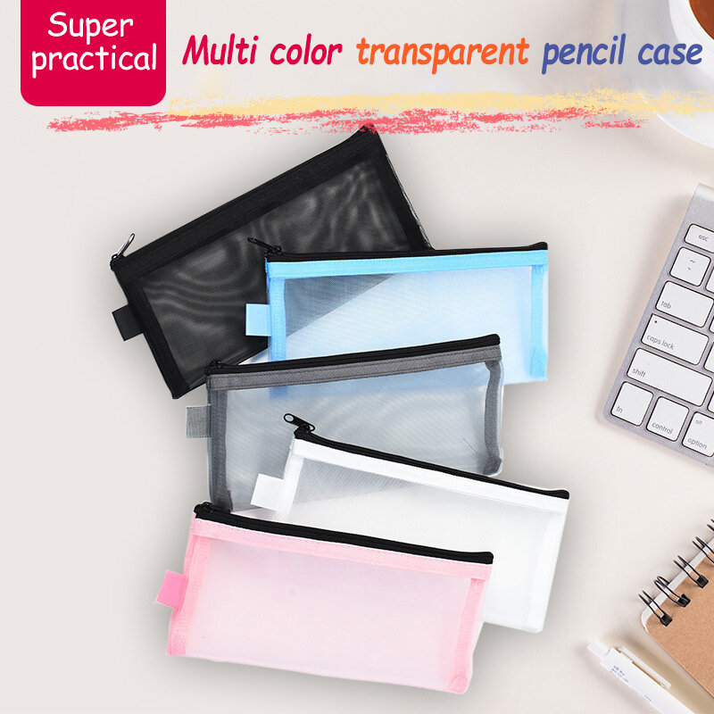 Estuche de lápices de malla transparente, bolsa portátil Simple para oficina, suministros escolares, caja de bolígrafos, bolsa de almacenamiento de facturas, accesorios de viaje, 1 unidad