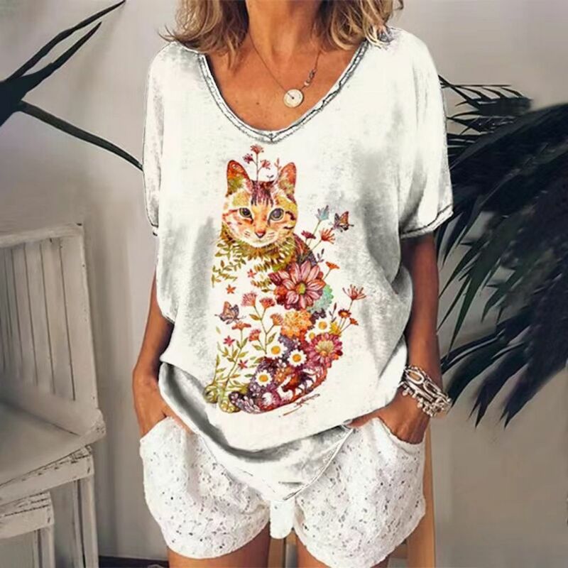 Kaus kerah V kasual musim panas wanita, kemeja motif kucing atasan longgar Vintage wanita baju jalan lengan pendek S-5XL