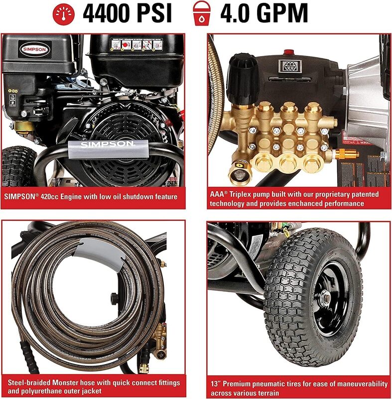 SIMPSON 클리닝 PS60843 파워샷 4400 PSI 가스 압력 세척기, 4.0 GPM, CRX 420cc 엔진, 스프레이건 포함