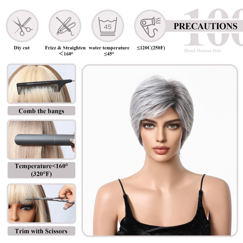 Peluca de cabello humano de capas cortas para mujer, pelo sintético mezclado y esponjoso Natural, corte Pixie, alta temperatura, color gris y plateado