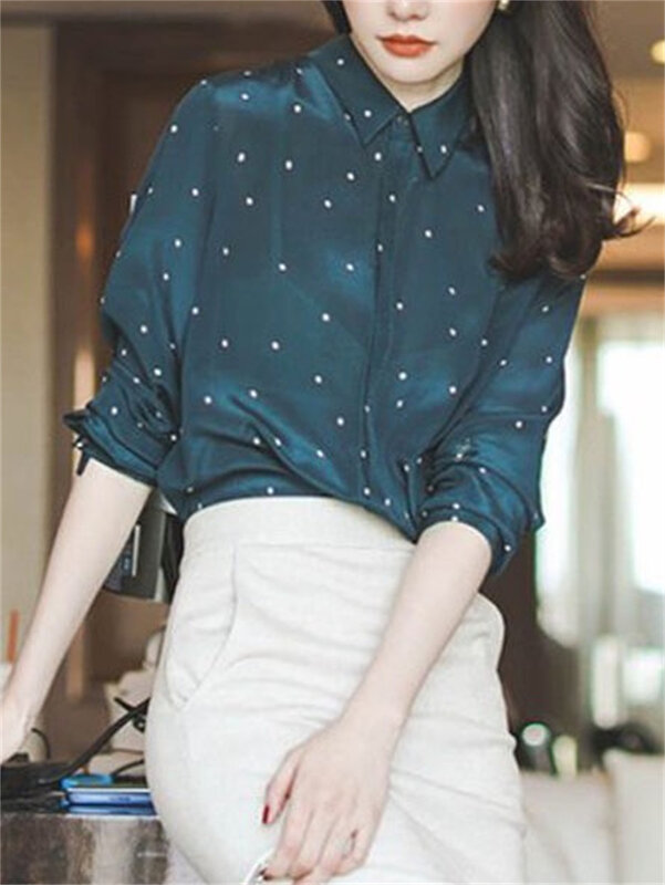 Camicette stile primavera autunno donna camicie donna Casual manica lunga colletto rovesciato Dot Printed Blusas Tops ZZ1802