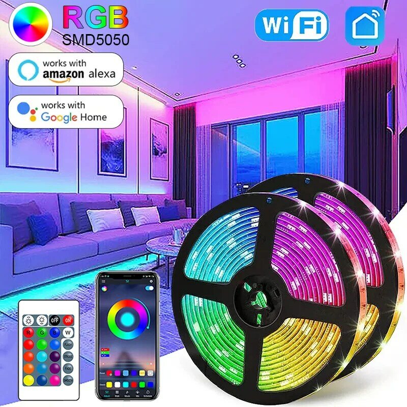 Tira de Luces LED con Control WIFI y Bluetooth, 5050 RGB, cinta Flexible de Luces Led de 1M-30M, 5V, USB, retroiluminación de TV, decoración de habitación