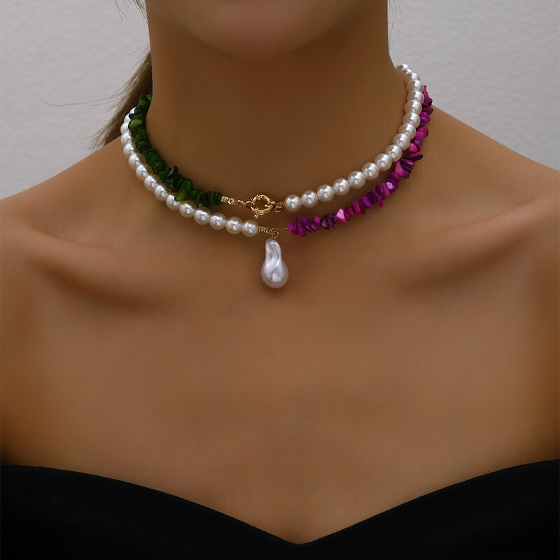 Kalung mutiara besar untuk wanita, perhiasan pernikahan elegan tren 2023, kalung Choker batu warna mawar hijau mutiara imitasi untuk wanita