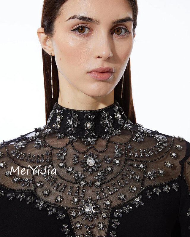 Meiyijia Evening Dress High-Neck Beaded Button Long Sleeves  A-Line Saudi Arabia Sexy Evening Birthday Club Outfits Summer 2024