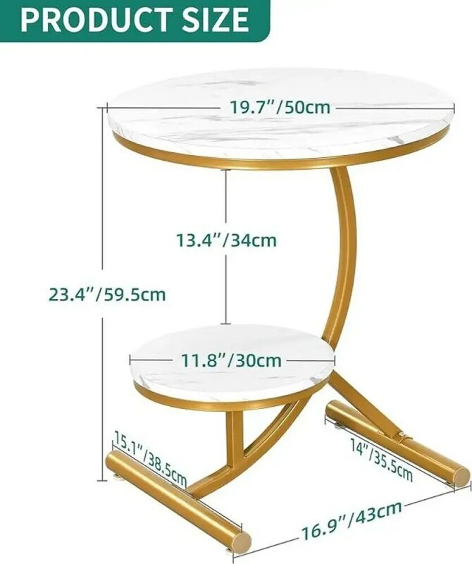 A! Table d'appoint ronde, petite table dorée de style marbre, table pour ordinateur portable, table de salon pour salon, chambre à coucher, table de chevet