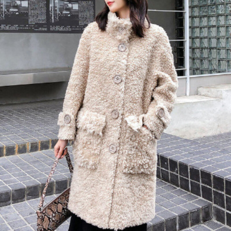 Veste en laine à simple boutonnage pour femme, manteau en fourrure naturelle véritable, longue optique, chaud, luxe, rue, mode, hiver, nouveau, discount