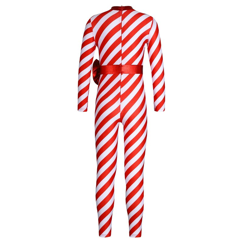 Kostum Jumpsuit permen tongkat dansa anak perempuan pakaian dansa bergaris kostum Natal Santa Claus Bodysuit lengan panjang simpul pita