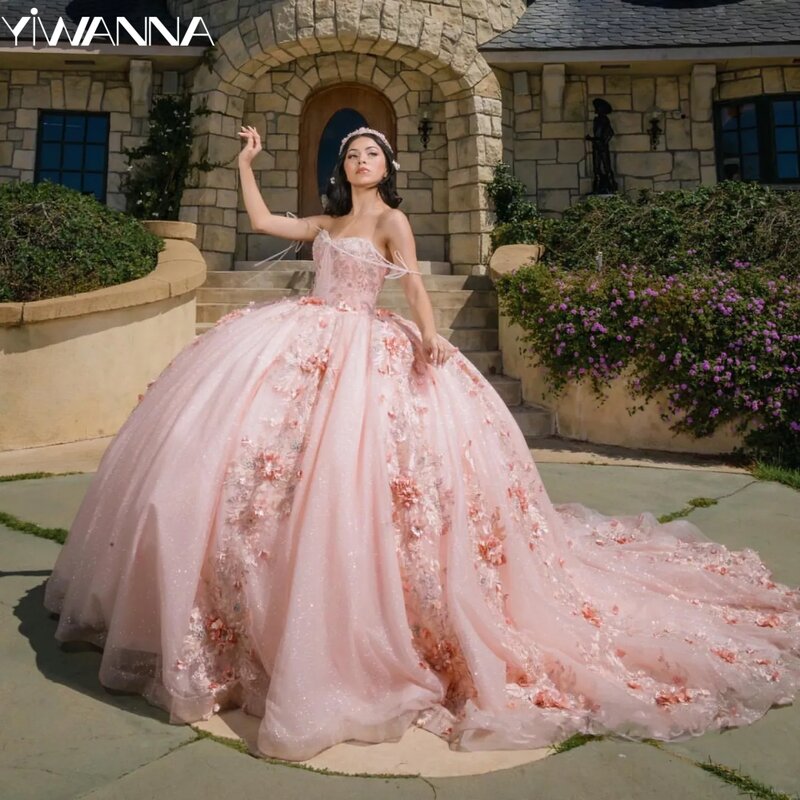 Wykwintne kwiatowe Quinceanrra suknie balowe błyszczące cekiny koraliki księżniczki długie różowe z ramienia słodkie 16 sukienki