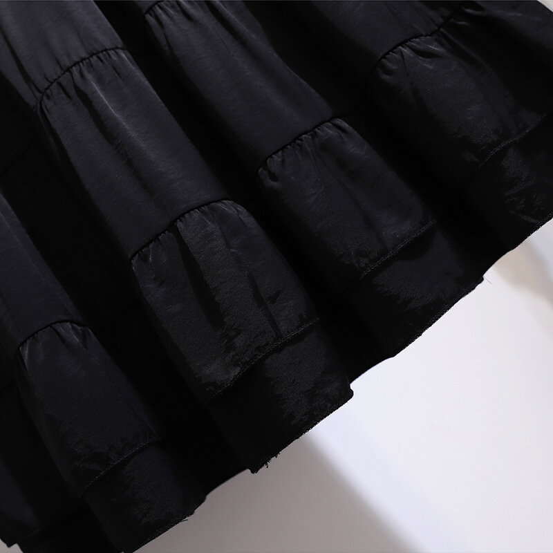 Gaun pesta komuter wanita, gaun rok kasual warna hitam ukuran besar nilon dan kain rayon longgar nyaman semua versi satu