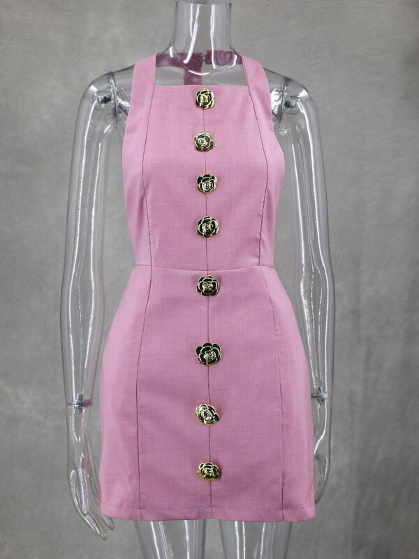핑크 홀터 미니 원피스 여성용 섹시한 백리스 민소매 슬림 짧은 드레스, 골드 로즈 단추 클럽 파티 원피스, 여름 패션, 2024
