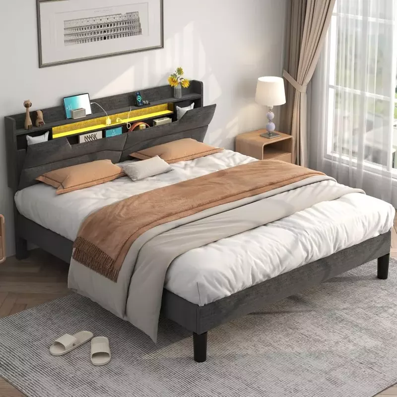 Cadre de lit Queen Size avec planche de sauna de rangement réglable, cadres de lits avec station de charge, lumière LED RVB, cadre de lit plateforme
