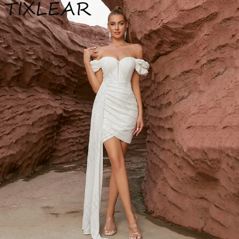 Tixlear-女性用の膝上ウェディングドレス,スパンコール,裸の肩,細いストラップ,結婚式のドレス