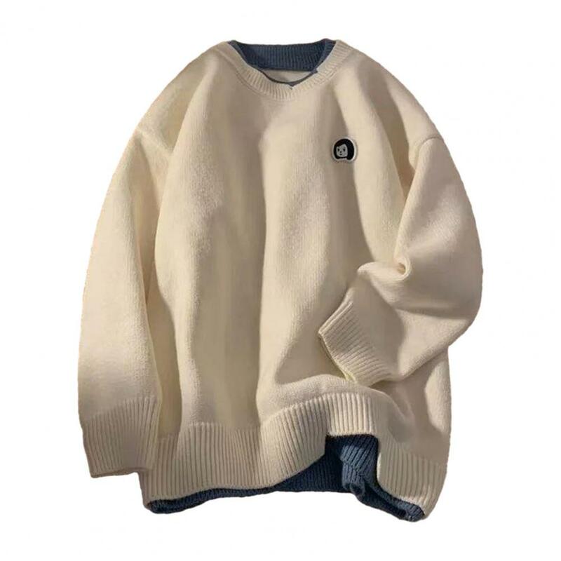 Suéter de dos piezas falso Retro Unisex, patrón bordado, Tops de punto, cuello redondo, manga larga, suéter suelto informal, hombres y mujeres